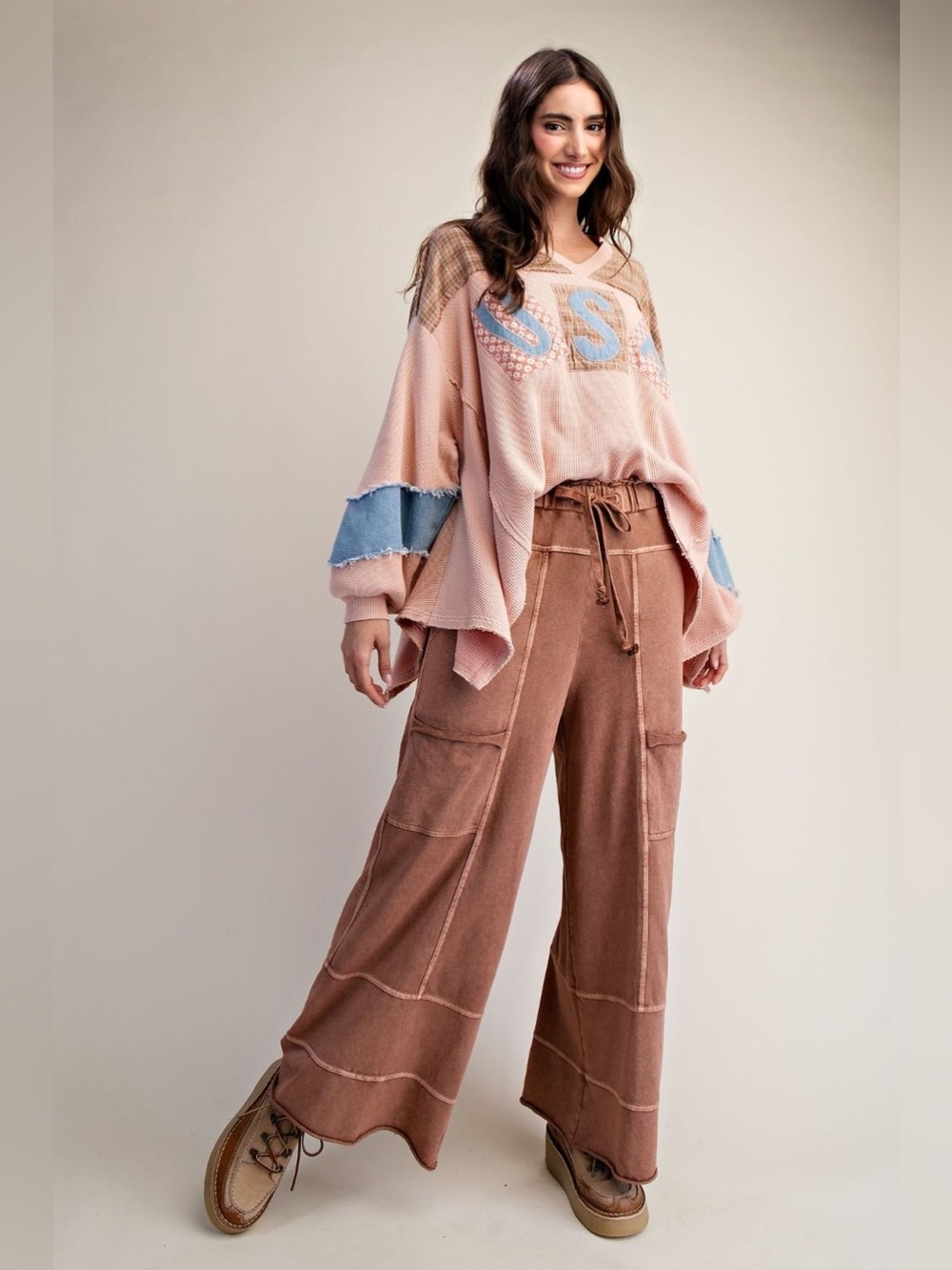 Easel Lazy Days Mineral Washed Wide Leg Pants in Mocha Brown EB41308 - Picture 2 of 4